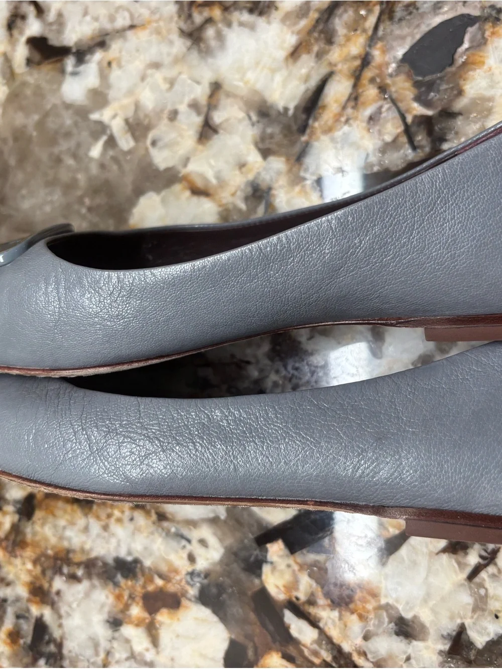 Tory Burch Gray Leather Logo Ballet Flats with Gold-Tone Accent